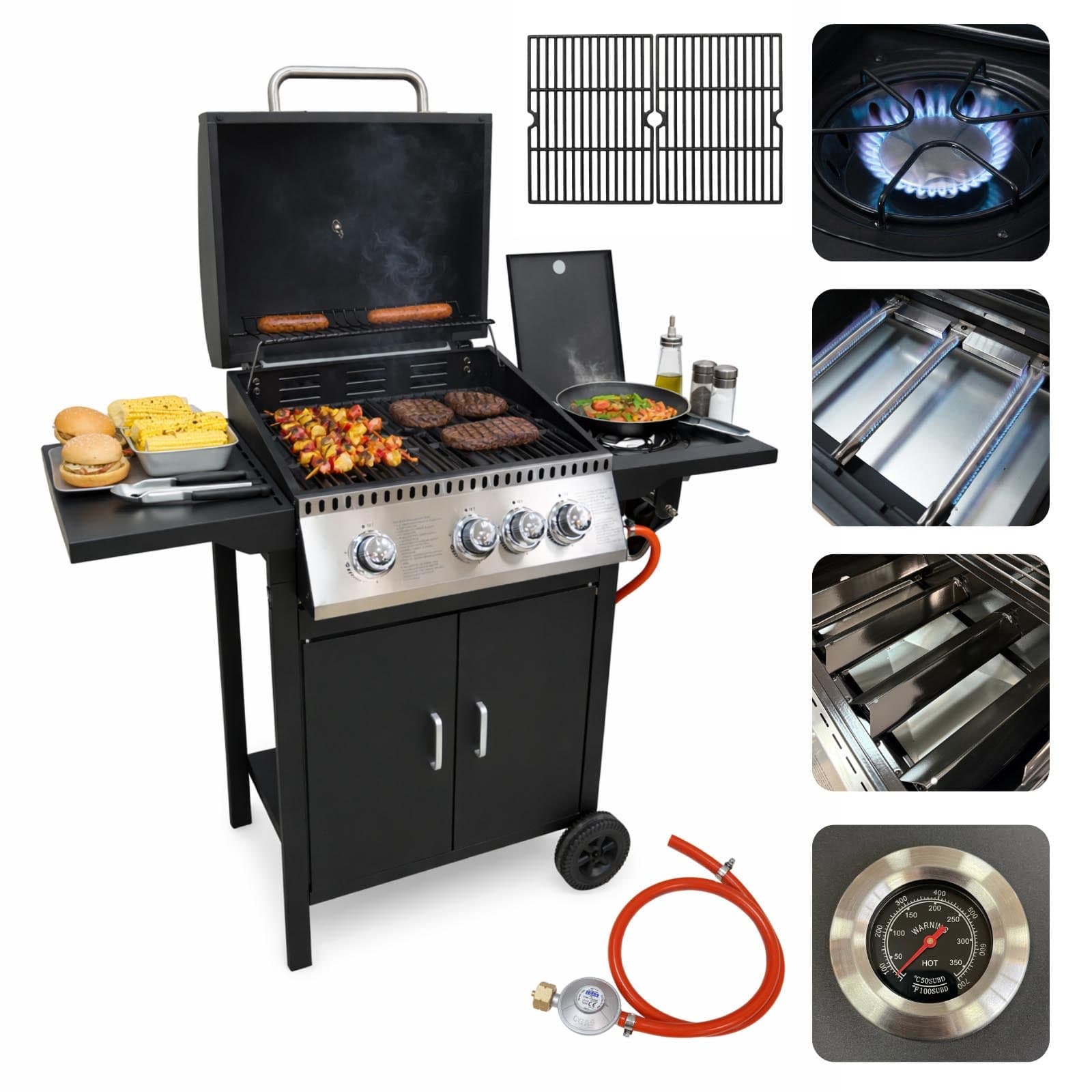 Grill gazowy Dakar z pokrywą — wymiary 113 × 51 × 104 cm, ruszt 53 × 39 cm