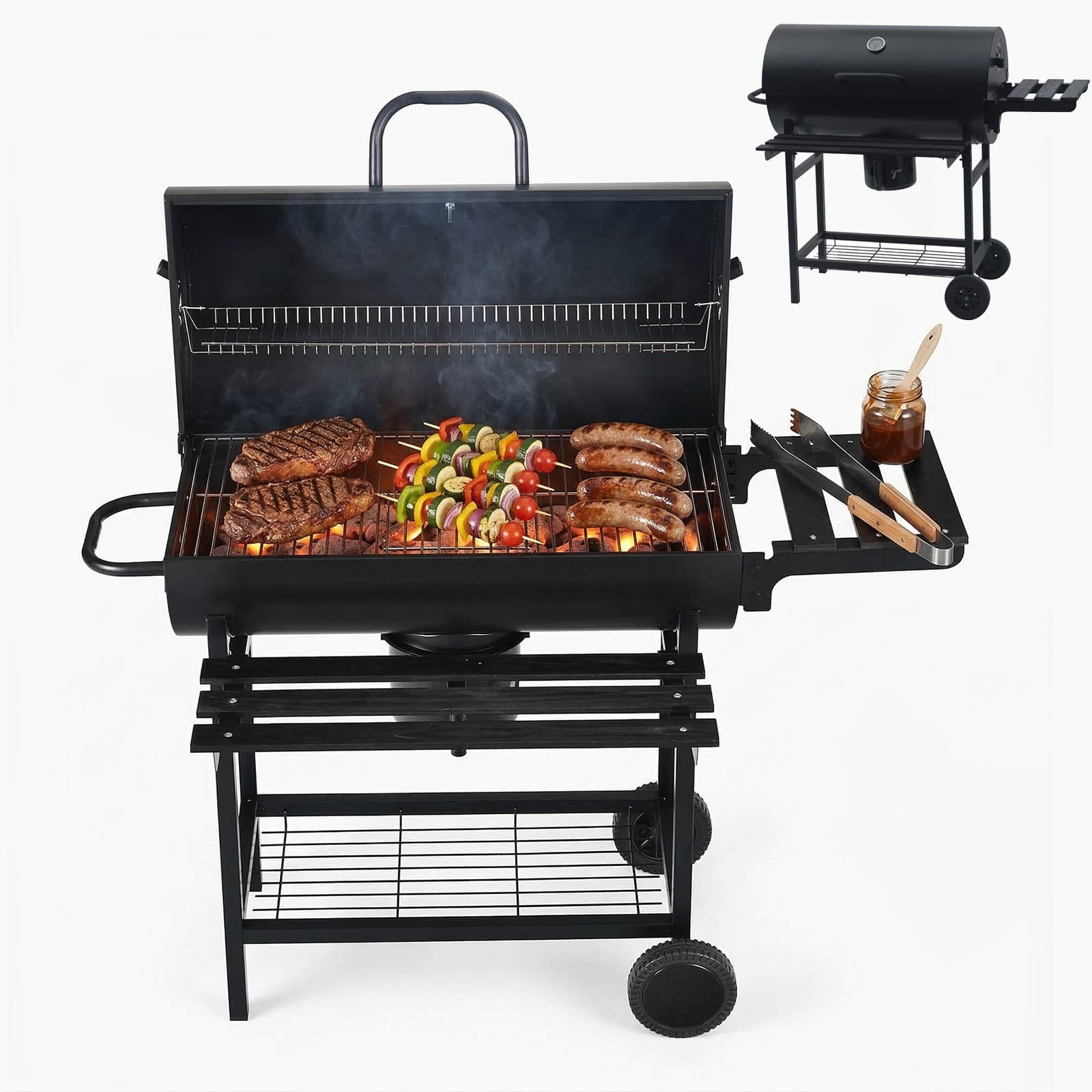Grill węglowy Grand z pokrywą — wymiary 116 × 64 × 95 cm, ruszt 70 × 35 cm