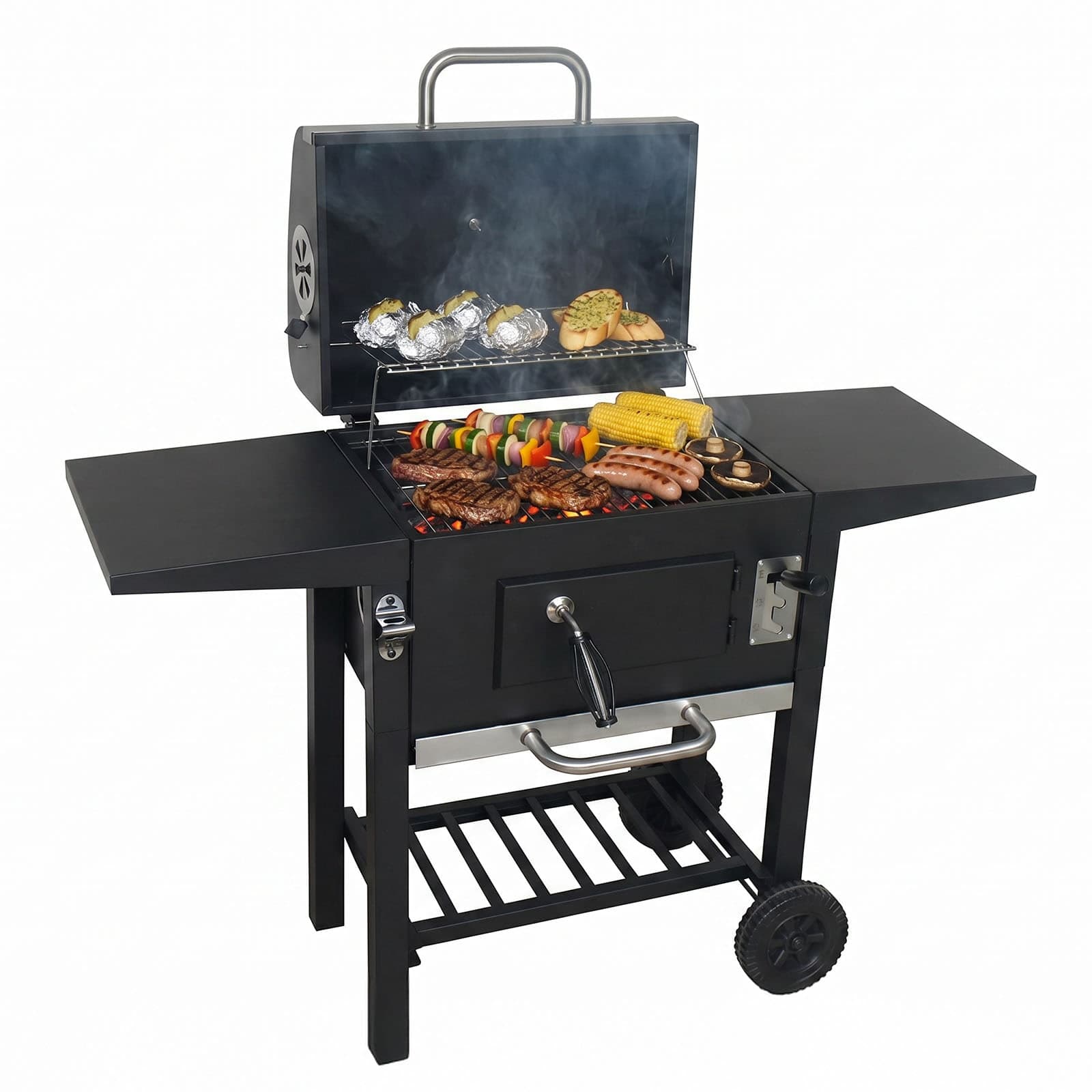 Grill węglowy Peru z pokrywą — wymiary 109 × 41 × 95 cm, ruszt 45 × 30 cm