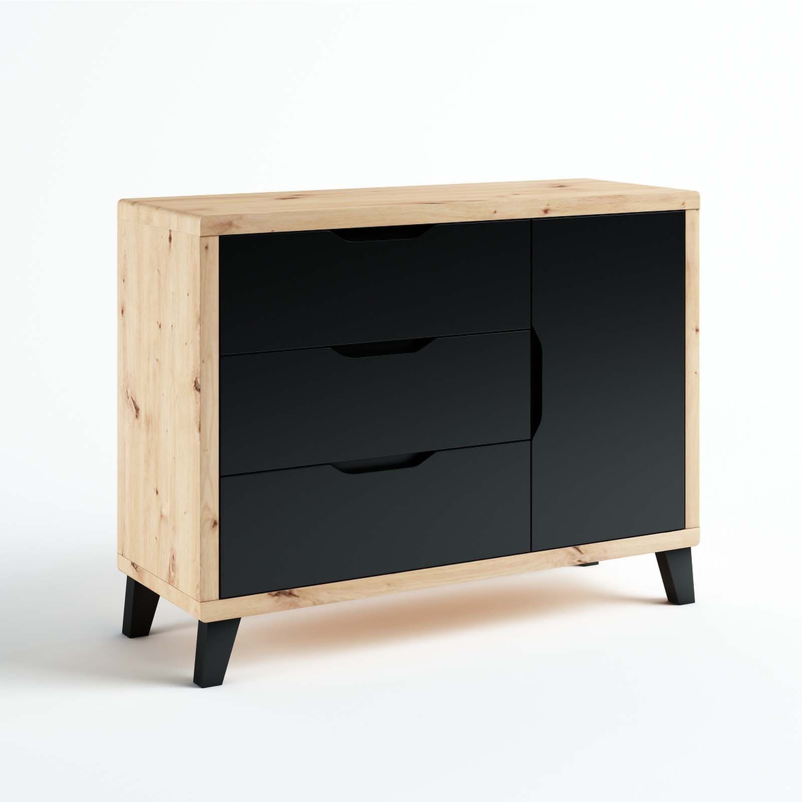 Komoda mała Scandi — korpus w odcieniu dąb sękaty, szerokość 120 cm, wysokość 91 cm