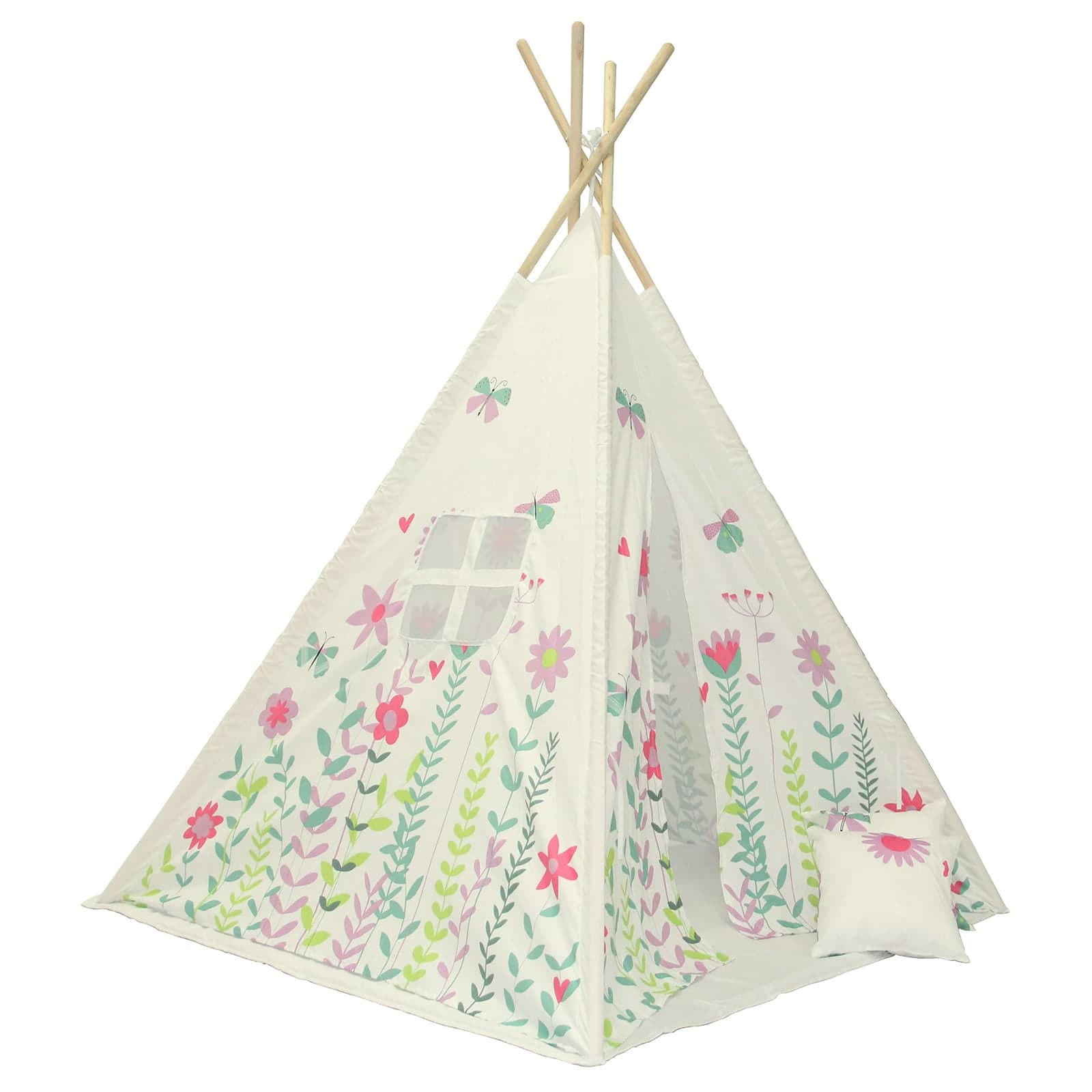 Namiot tipi kwiaty — konstrukcja 120 × 120 cm, wysokość 160 cm, poszycie ze wzorem
