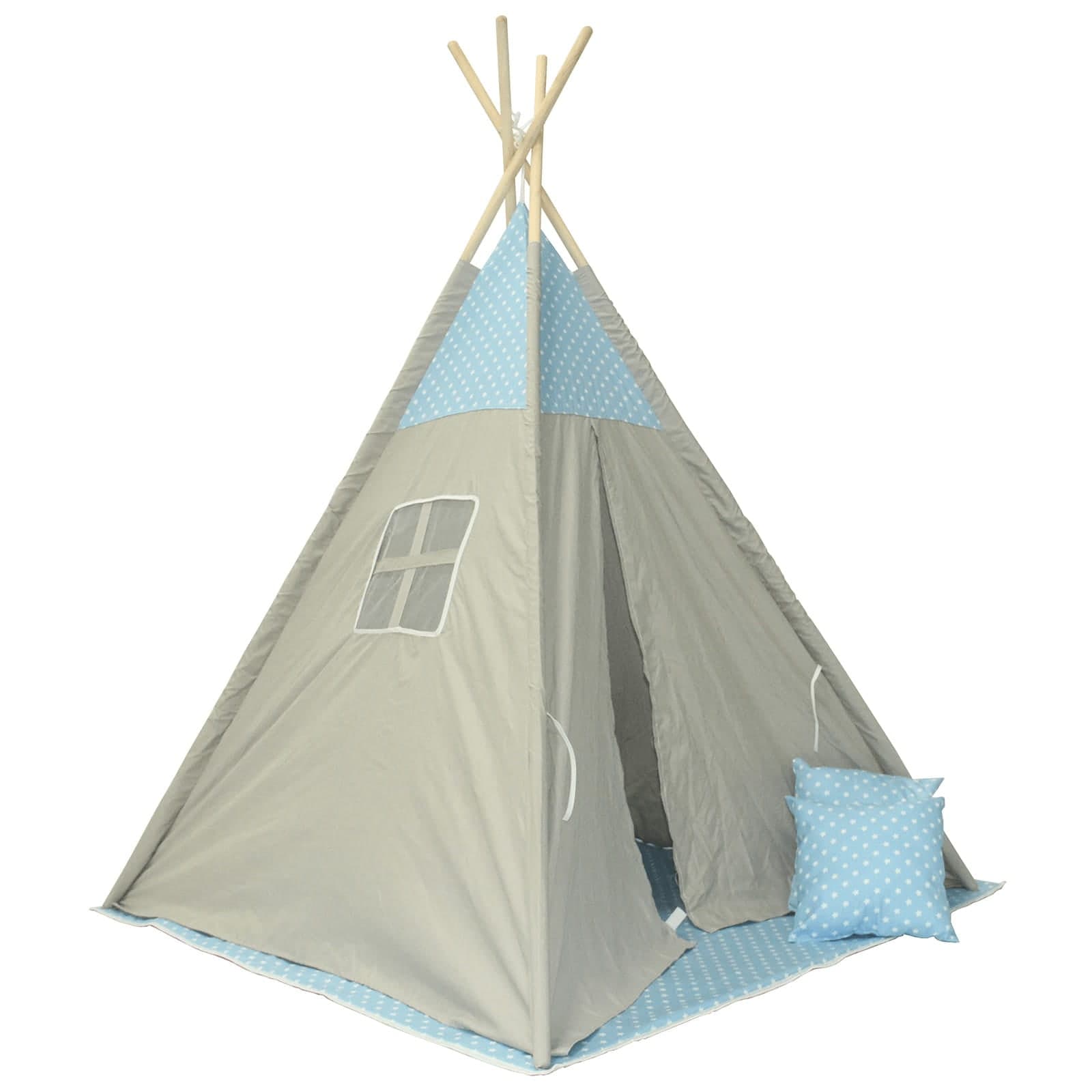 Namiot tipi niebieskie gwiazdki — konstrukcja 120 × 120 cm, wysokość 160 cm, poszycie ze wzorem