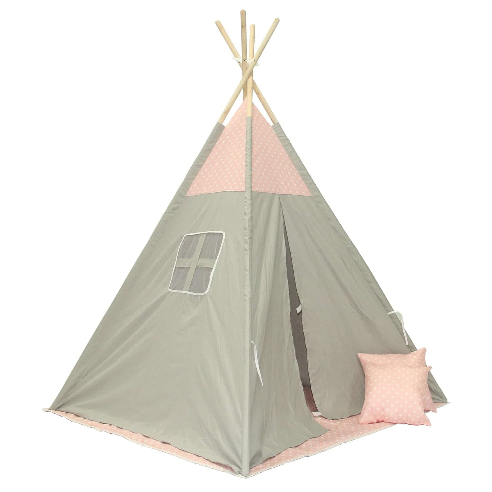 Namiot tipi różowe gwiazdki — konstrukcja 120 × 120 cm, wysokość 160 cm, poszycie ze wzorem